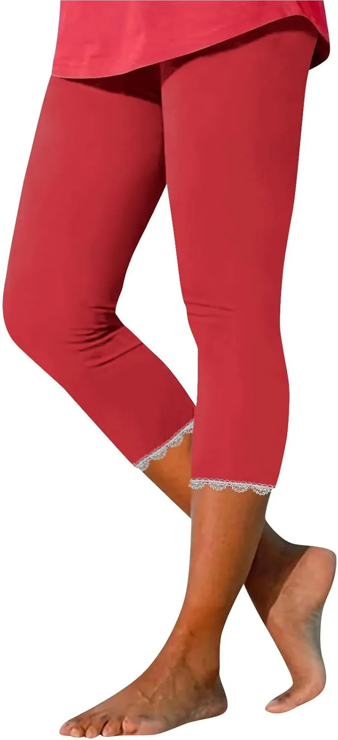 Women Capris Bottom Leggings Summer High Waist Slim Lace Hem Capris Pants Casual Fitting Athletic Gym Yoga Pants 2025