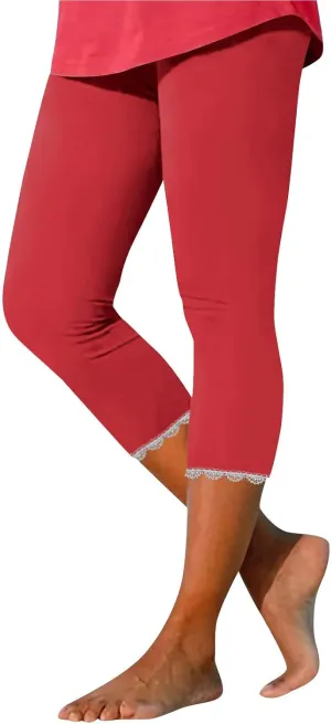 Women Capris Bottom Leggings Summer High Waist Slim Lace Hem Capris Pants Casual Fitting Athletic Gym Yoga Pants 2025