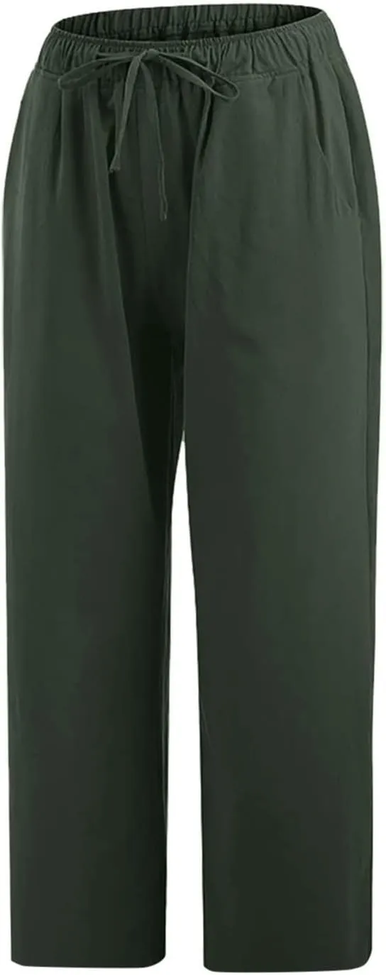 Women Cotton Linen Pants 2025 Wide Leg Cropped Lounge Trousers Drawstring Elastic Waist Summer Beach Casual Outfits