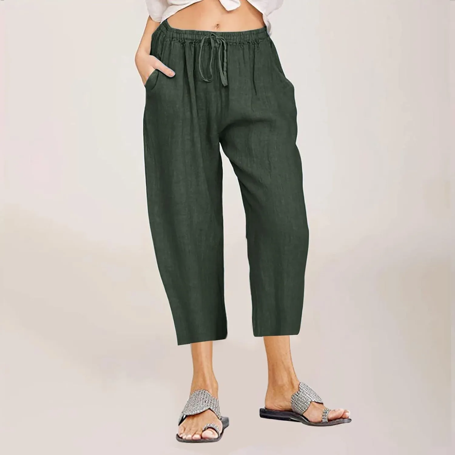 Women Cotton Linen Pants 2025 Wide Leg Cropped Lounge Trousers Drawstring Elastic Waist Summer Beach Casual Outfits
