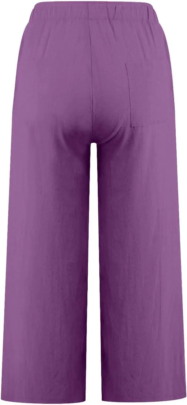 Women Cotton Linen Pants 2025 Wide Leg Cropped Lounge Trousers Drawstring Elastic Waist Summer Beach Casual Outfits