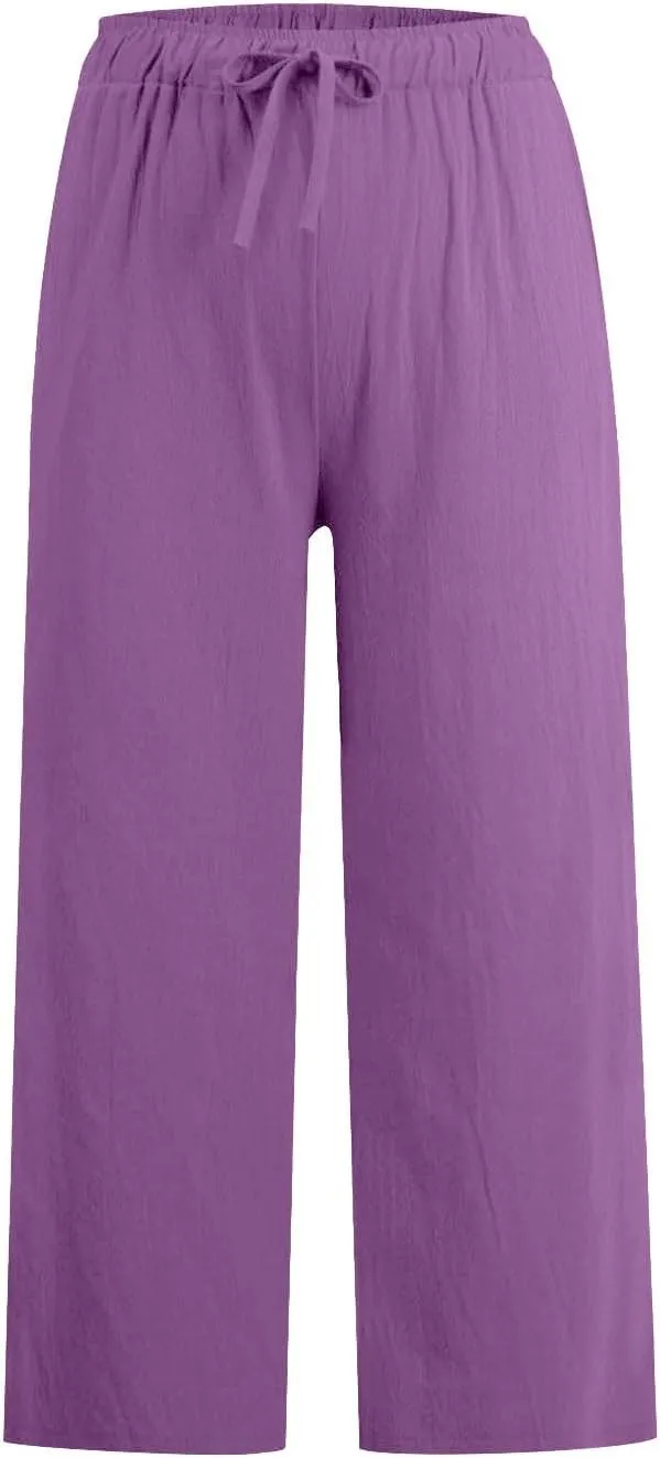 Women Cotton Linen Pants 2025 Wide Leg Cropped Lounge Trousers Drawstring Elastic Waist Summer Beach Casual Outfits