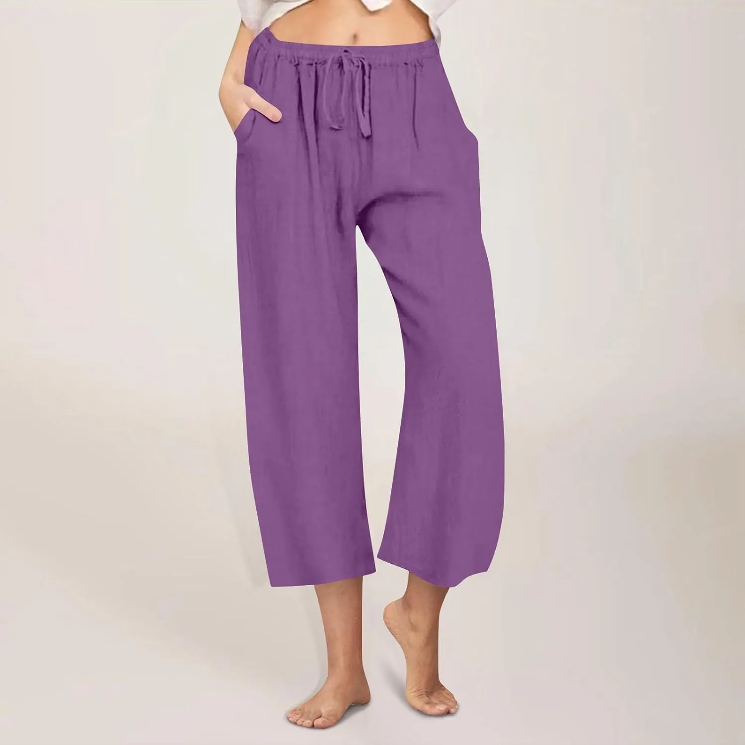 Women Cotton Linen Pants 2025 Wide Leg Cropped Lounge Trousers Drawstring Elastic Waist Summer Beach Casual Outfits