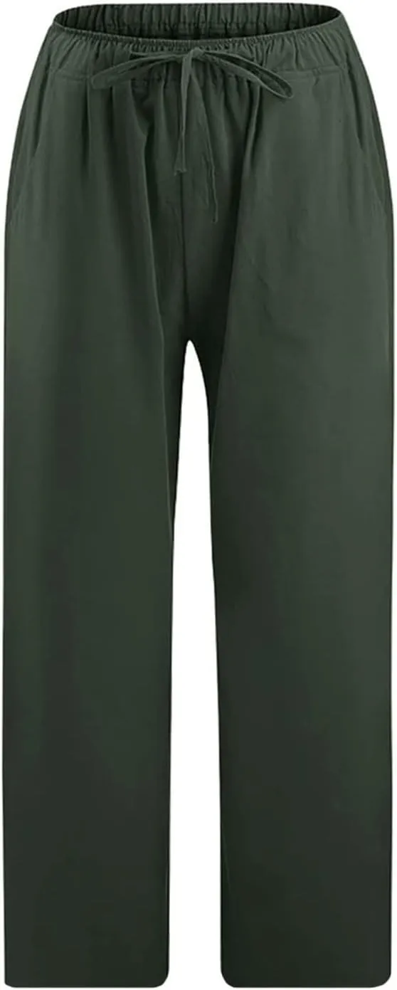 Women Cotton Linen Pants 2025 Wide Leg Cropped Lounge Trousers Drawstring Elastic Waist Summer Beach Casual Outfits