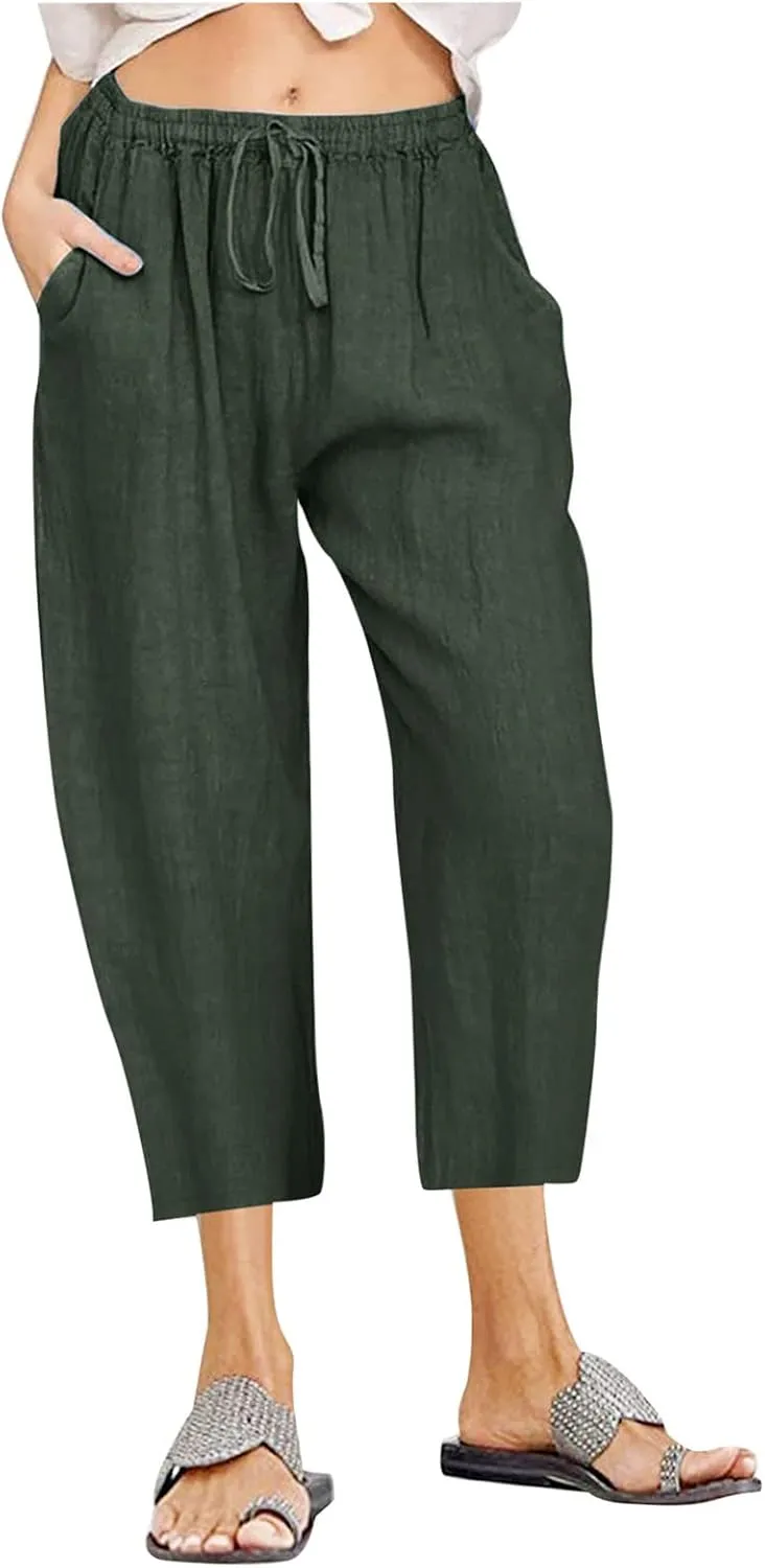 Women Cotton Linen Pants 2025 Wide Leg Cropped Lounge Trousers Drawstring Elastic Waist Summer Beach Casual Outfits