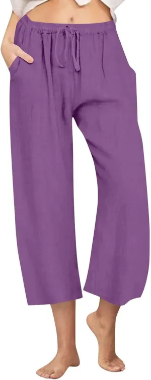 Women Cotton Linen Pants 2025 Wide Leg Cropped Lounge Trousers Drawstring Elastic Waist Summer Beach Casual Outfits