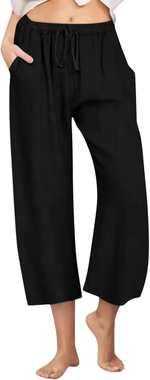 Women Cotton Linen Pants 2025 Wide Leg Cropped Lounge Trousers Drawstring Elastic Waist Summer Beach Casual Outfits
