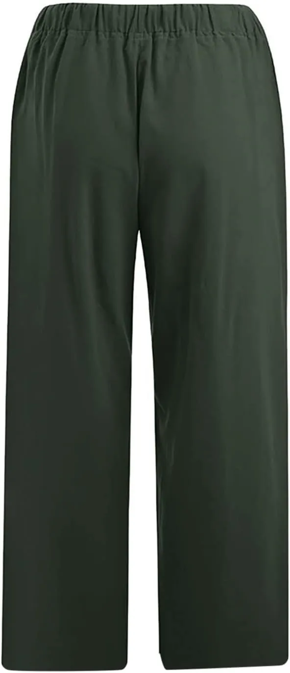 Women Cotton Linen Pants 2025 Wide Leg Cropped Lounge Trousers Drawstring Elastic Waist Summer Beach Casual Outfits