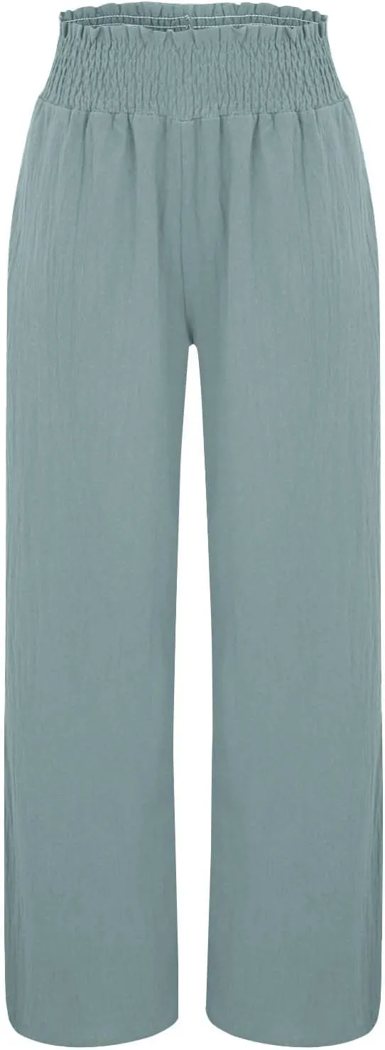Women Linen Palazzo Pants Wide Leg High Waist Summer Casual Boho Trousers Travel Vacation Long Work
