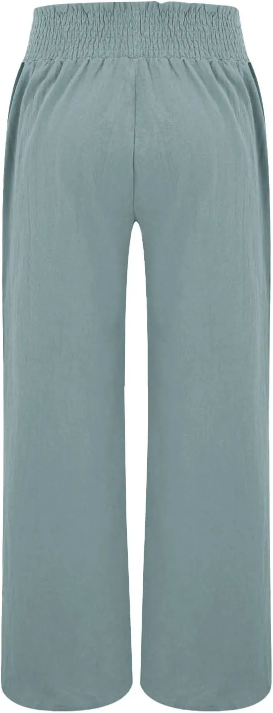 Women Linen Palazzo Pants Wide Leg High Waist Summer Casual Boho Trousers Travel Vacation Long Work