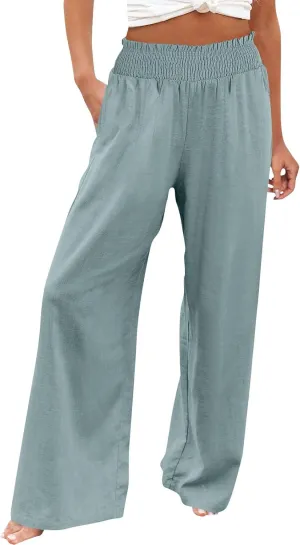 Women Linen Palazzo Pants Wide Leg High Waist Summer Casual Boho Trousers Travel Vacation Long Work