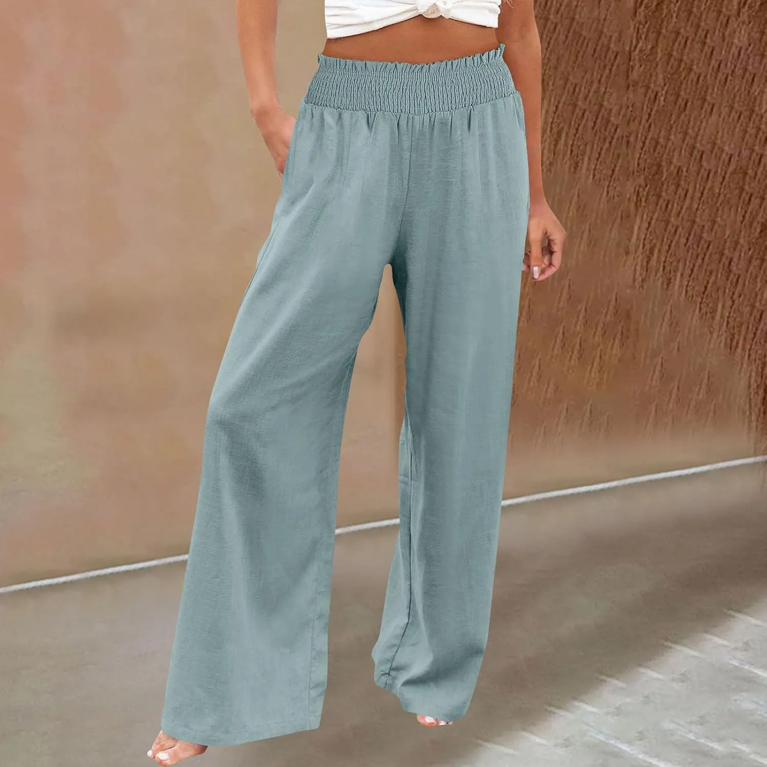Women Linen Palazzo Pants Wide Leg High Waist Summer Casual Boho Trousers Travel Vacation Long Work