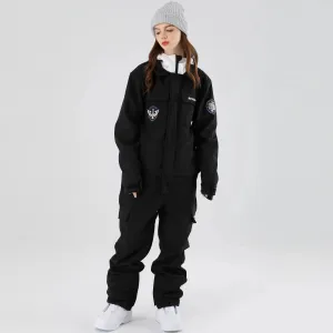 Women One Piece Ski Suits Hooded Cargo Ski Jumpsuits