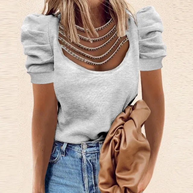 Women Skull Print O Neck Puff Sleeve Shirt
