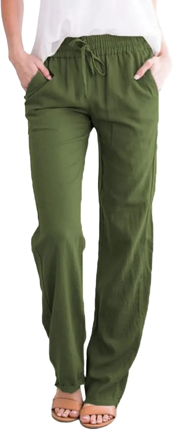 Women Solid Straight Solid Elastic Pants Long Drawstring Linen Women Waist Cotton Casual Womens Plus Size Workout Pants
