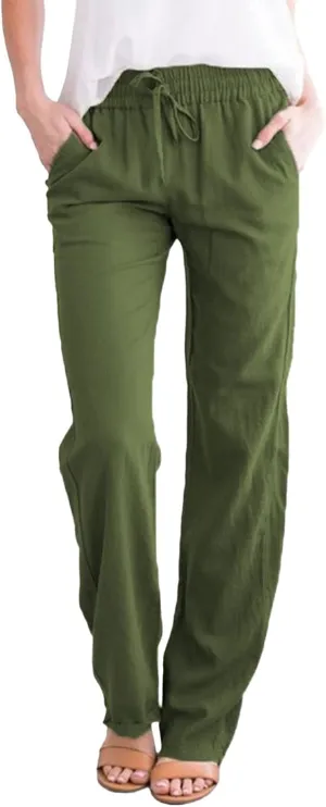 Women Solid Straight Solid Elastic Pants Long Drawstring Linen Women Waist Cotton Casual Womens Plus Size Workout Pants
