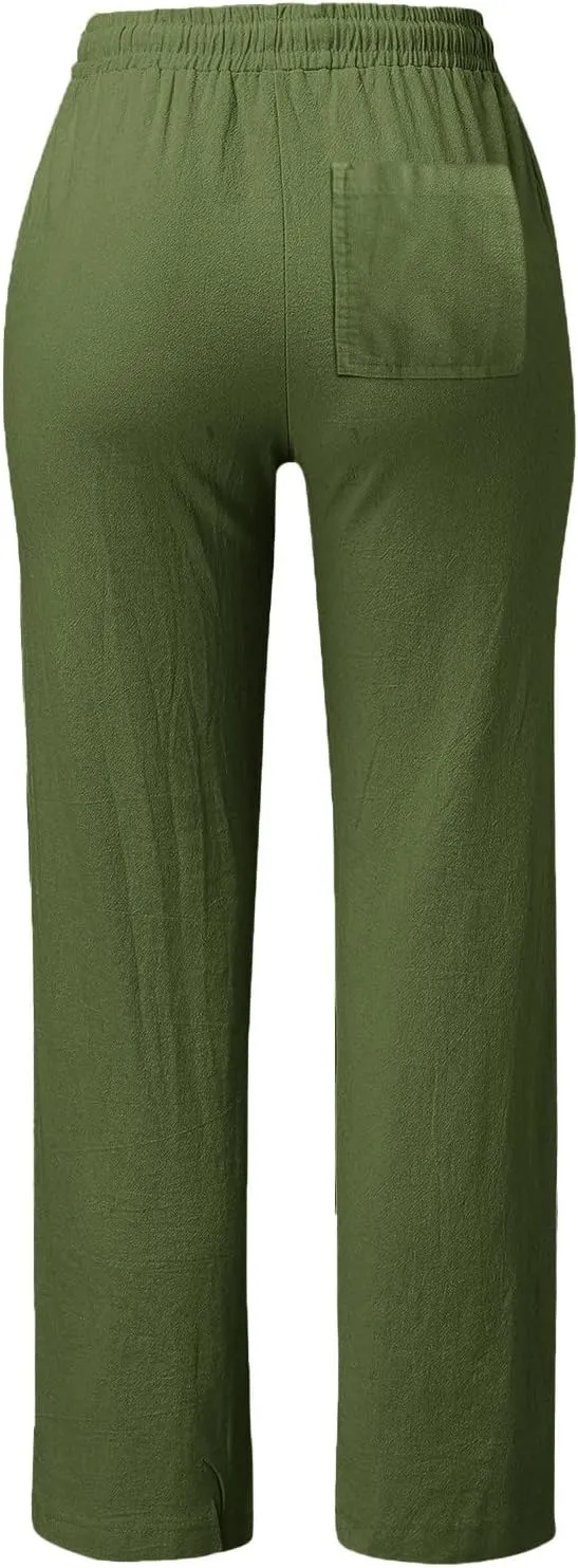 Women Solid Straight Solid Elastic Pants Long Drawstring Linen Women Waist Cotton Casual Womens Plus Size Workout Pants