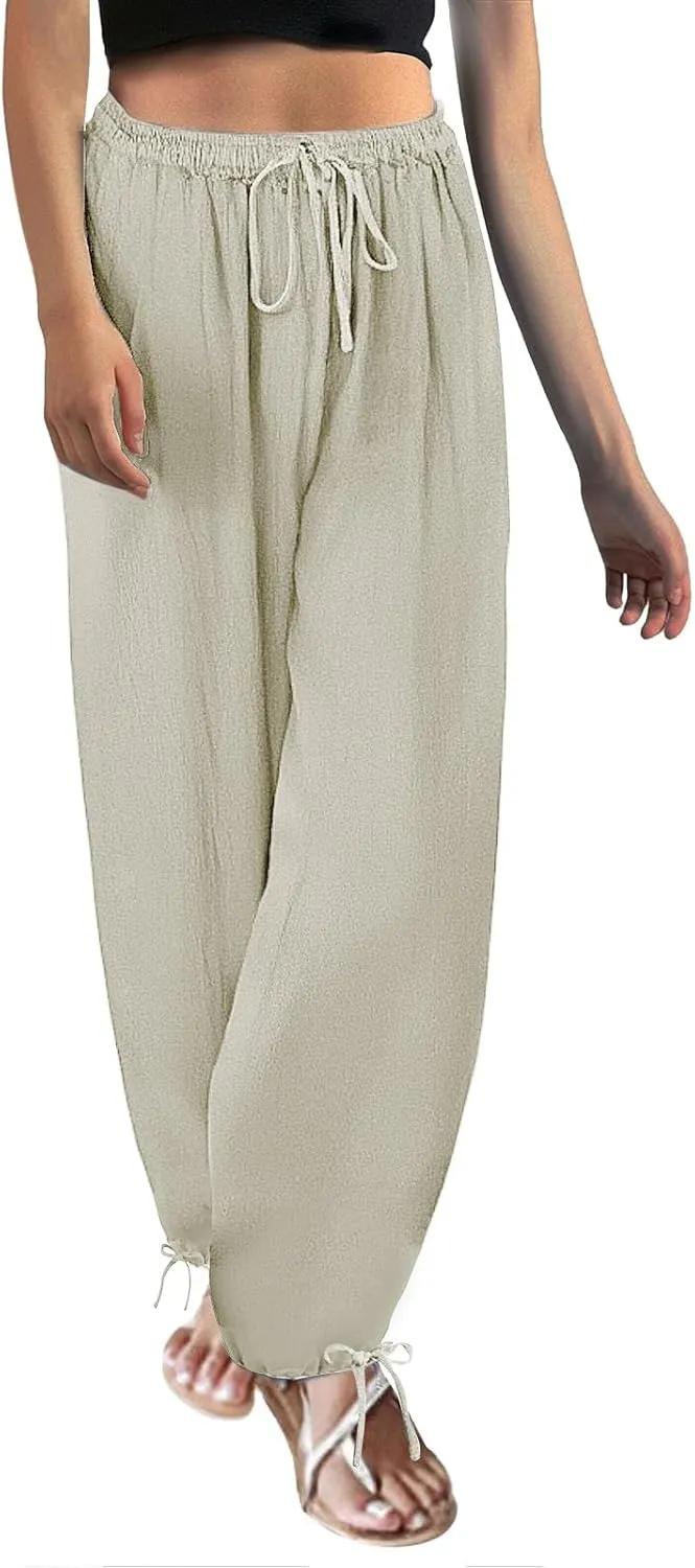Women's Baggy Linen Pants Drawstring Elasic Waist Casual Joggers Loose Summer Lightweight Beach Pants Lounge Trousers