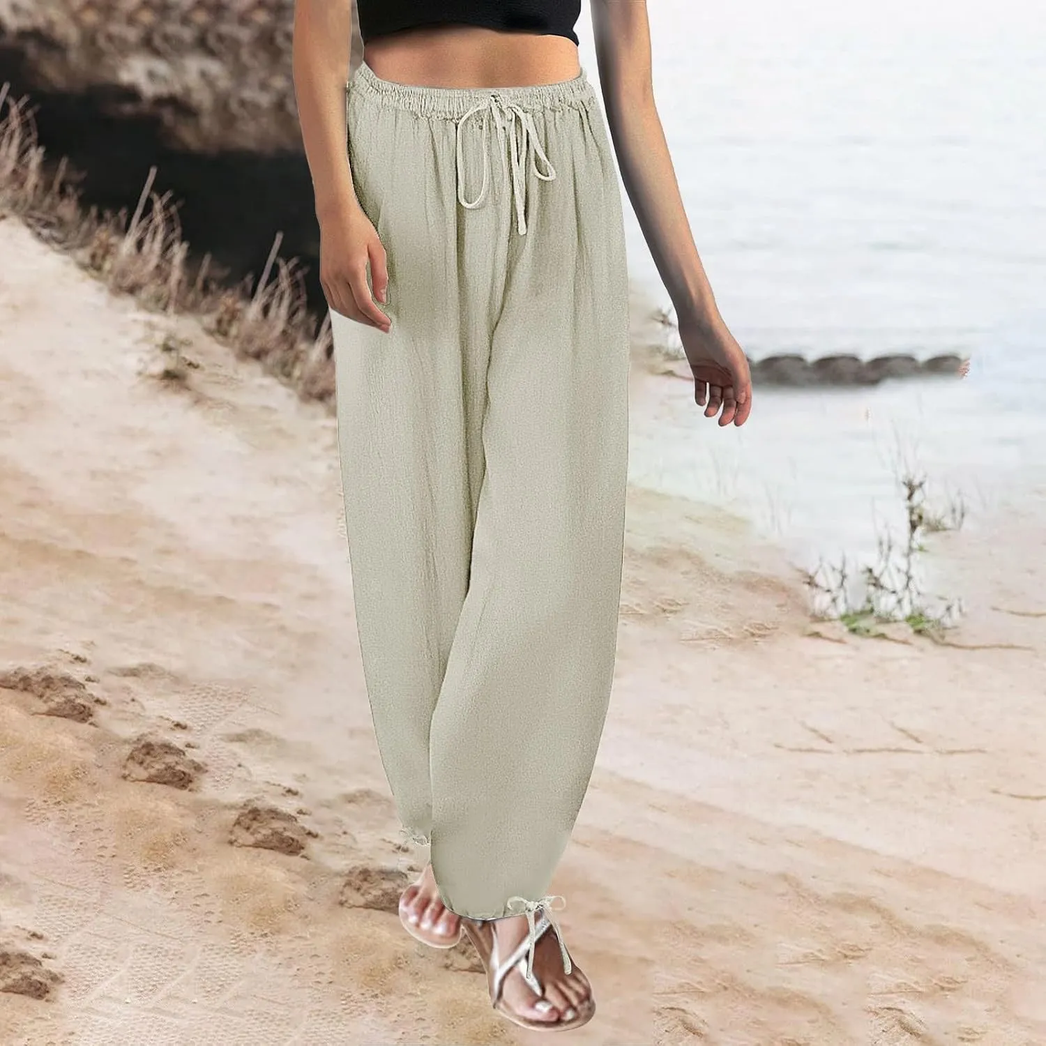 Women's Baggy Linen Pants Drawstring Elasic Waist Casual Joggers Loose Summer Lightweight Beach Pants Lounge Trousers