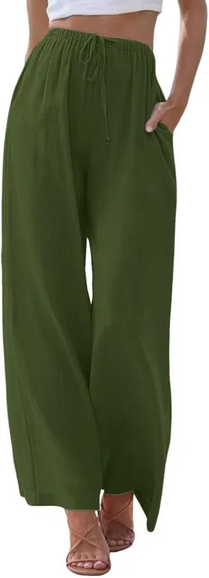 Women's Cotton Linen Pants Baggy Cool Lightweight Summer Hiking Lounge Pants Solid Color Drawstring Wide Leg Trousers
