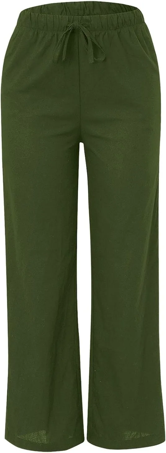 Women's Cotton Linen Pants Baggy Cool Lightweight Summer Hiking Lounge Pants Solid Color Drawstring Wide Leg Trousers