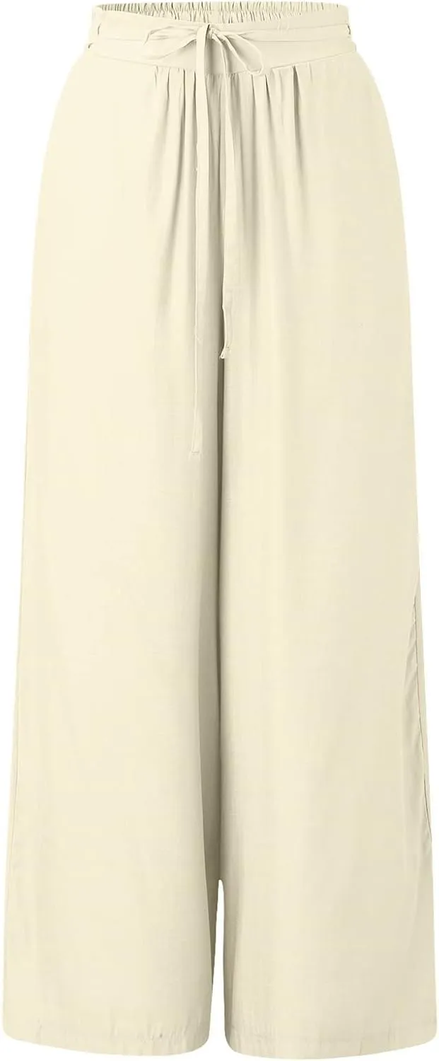 Women's Cotton Linen Summer Casual Flowy Palazzo Lounge Pants Elastic Waist Baggy Stretchy Plus Size Trousers
