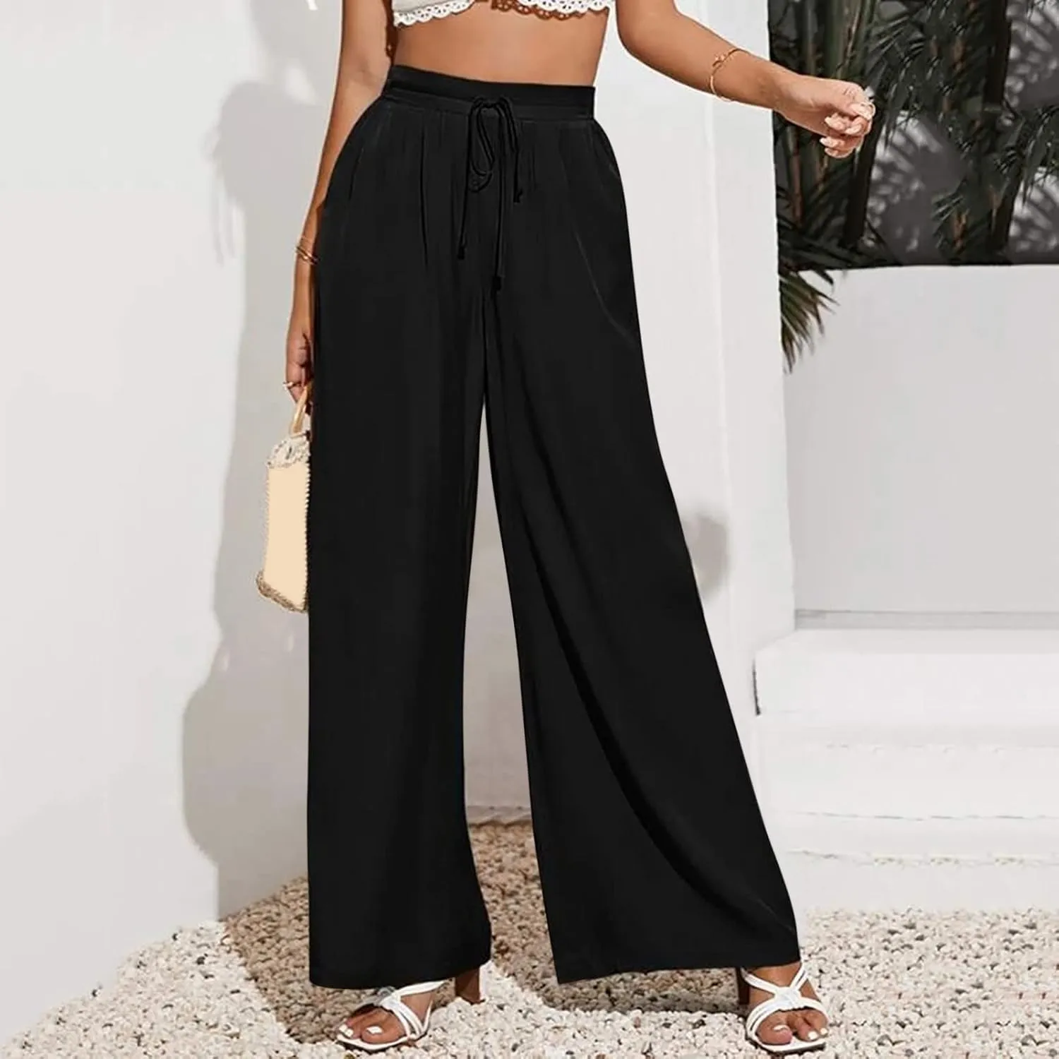 Women's Cotton Linen Summer Casual Flowy Palazzo Lounge Pants Elastic Waist Baggy Stretchy Plus Size Trousers