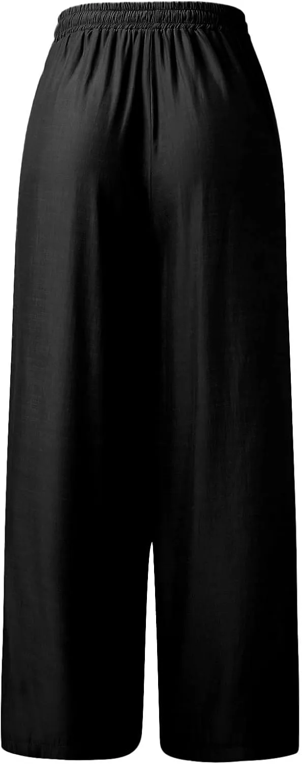 Women's Cotton Linen Summer Casual Flowy Palazzo Lounge Pants Elastic Waist Baggy Stretchy Plus Size Trousers