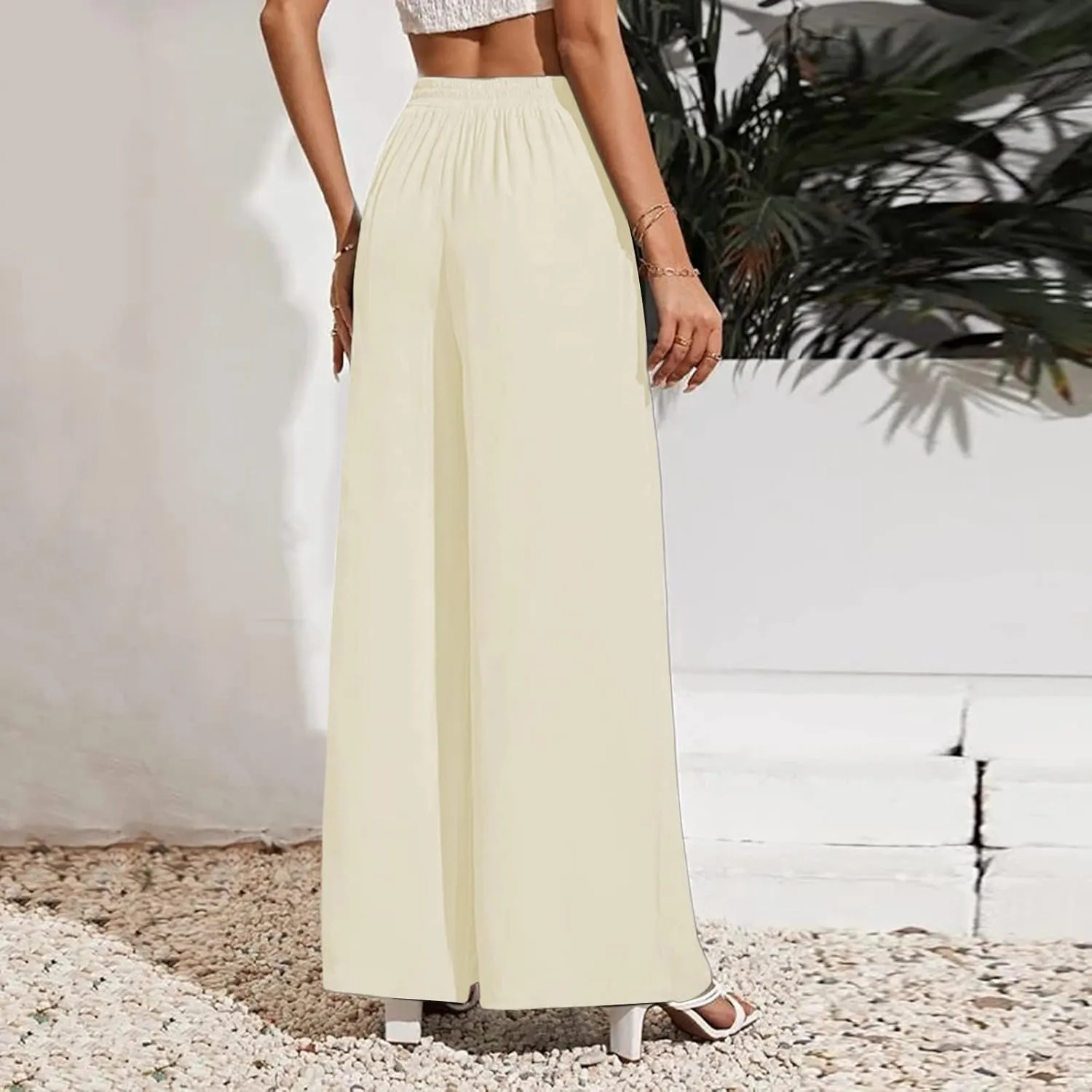Women's Cotton Linen Summer Casual Flowy Palazzo Lounge Pants Elastic Waist Baggy Stretchy Plus Size Trousers