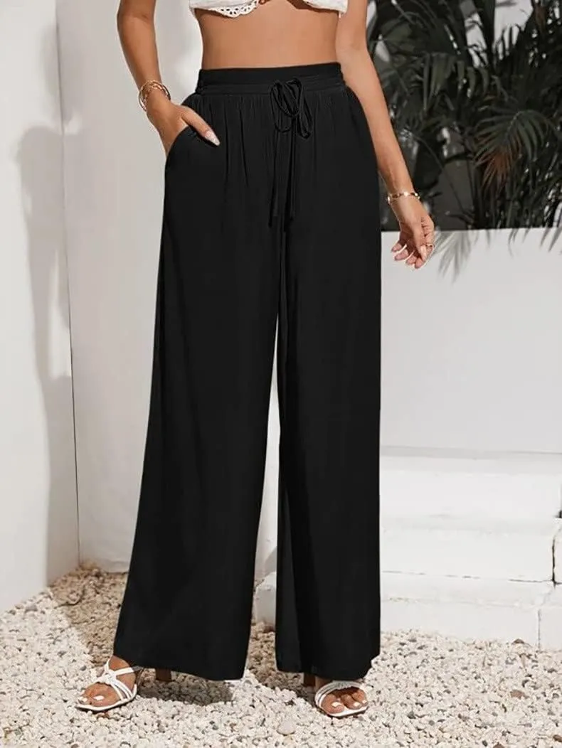 Women's Cotton Linen Summer Casual Flowy Palazzo Lounge Pants Elastic Waist Baggy Stretchy Plus Size Trousers