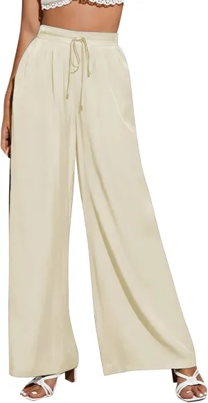 Women's Cotton Linen Summer Casual Flowy Palazzo Lounge Pants Elastic Waist Baggy Stretchy Plus Size Trousers