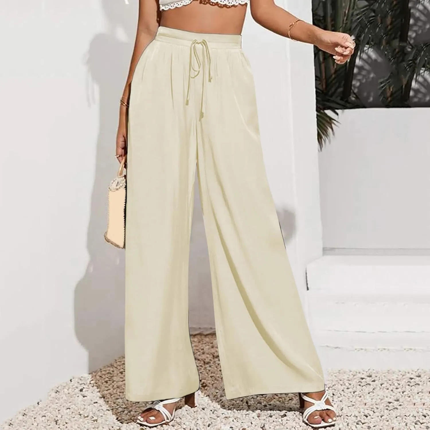 Women's Cotton Linen Summer Casual Flowy Palazzo Lounge Pants Elastic Waist Baggy Stretchy Plus Size Trousers