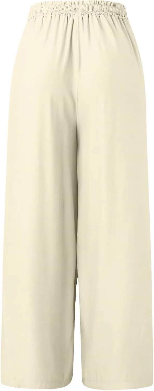 Women's Cotton Linen Summer Casual Flowy Palazzo Lounge Pants Elastic Waist Baggy Stretchy Plus Size Trousers