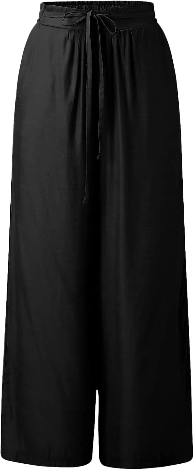 Women's Cotton Linen Summer Casual Flowy Palazzo Lounge Pants Elastic Waist Baggy Stretchy Plus Size Trousers