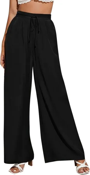Women's Cotton Linen Summer Casual Flowy Palazzo Lounge Pants Elastic Waist Baggy Stretchy Plus Size Trousers