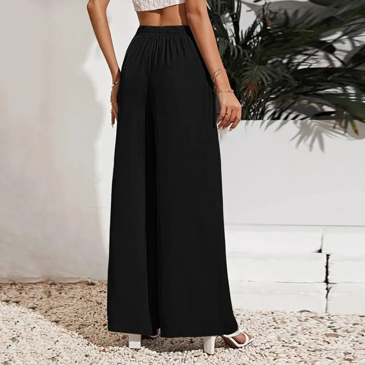 Women's Cotton Linen Summer Casual Flowy Palazzo Lounge Pants Elastic Waist Baggy Stretchy Plus Size Trousers