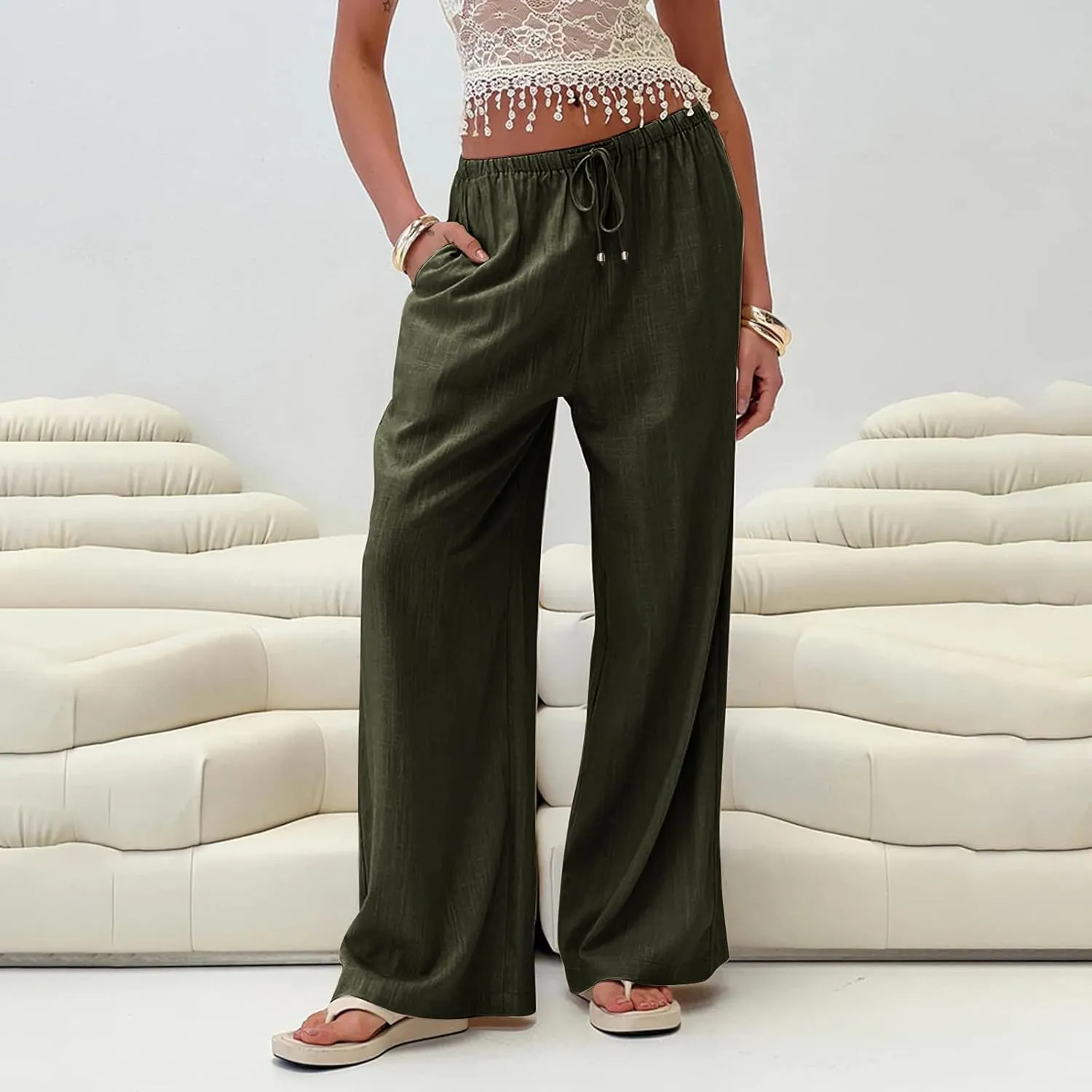Womens Drawstring Elastic Waist Casual Wide Leg Trousers Cotton Linen Flowy Vacation Beach Palazzo Pants with Pockets
