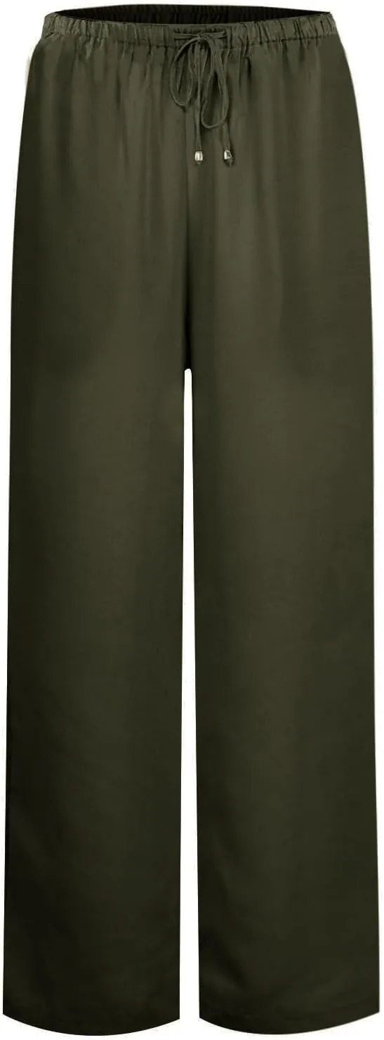 Womens Drawstring Elastic Waist Casual Wide Leg Trousers Cotton Linen Flowy Vacation Beach Palazzo Pants with Pockets