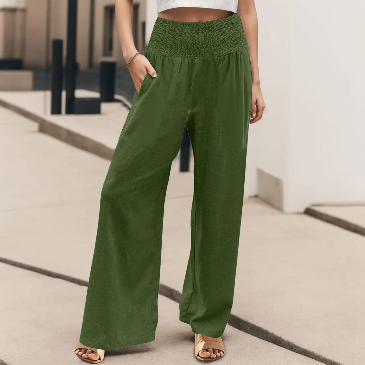 Womens Elastic High Waisted Palazzo Pants Casual Wide Leg Smock Lounge Pant Solid Beach Trousers with Pocket