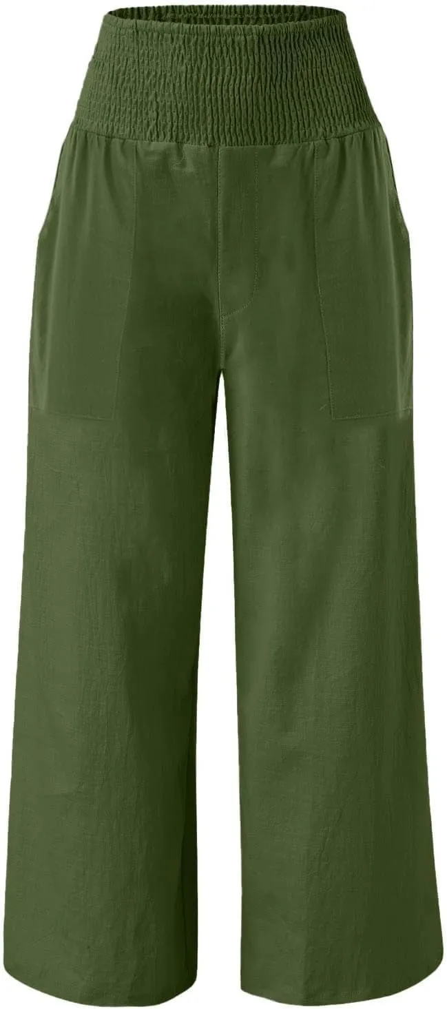 Womens Elastic High Waisted Palazzo Pants Casual Wide Leg Smock Lounge Pant Solid Beach Trousers with Pocket