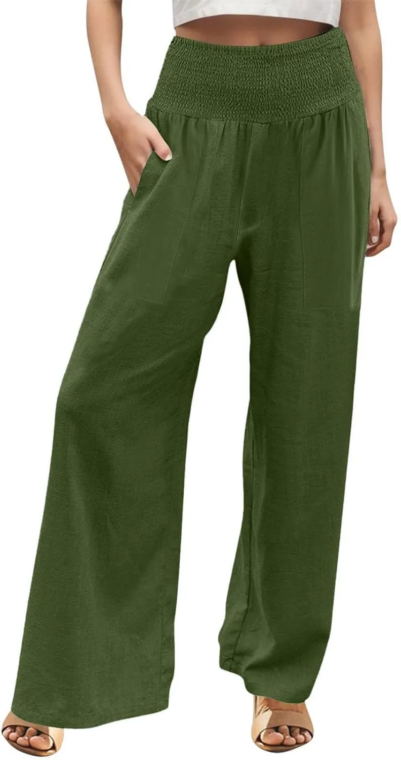Womens Elastic High Waisted Palazzo Pants Casual Wide Leg Smock Lounge Pant Solid Beach Trousers with Pocket