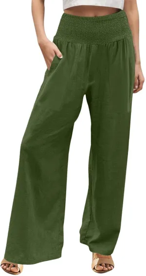 Womens Elastic High Waisted Palazzo Pants Casual Wide Leg Smock Lounge Pant Solid Beach Trousers with Pocket