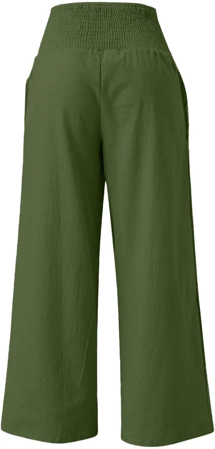 Womens Elastic High Waisted Palazzo Pants Casual Wide Leg Smock Lounge Pant Solid Beach Trousers with Pocket