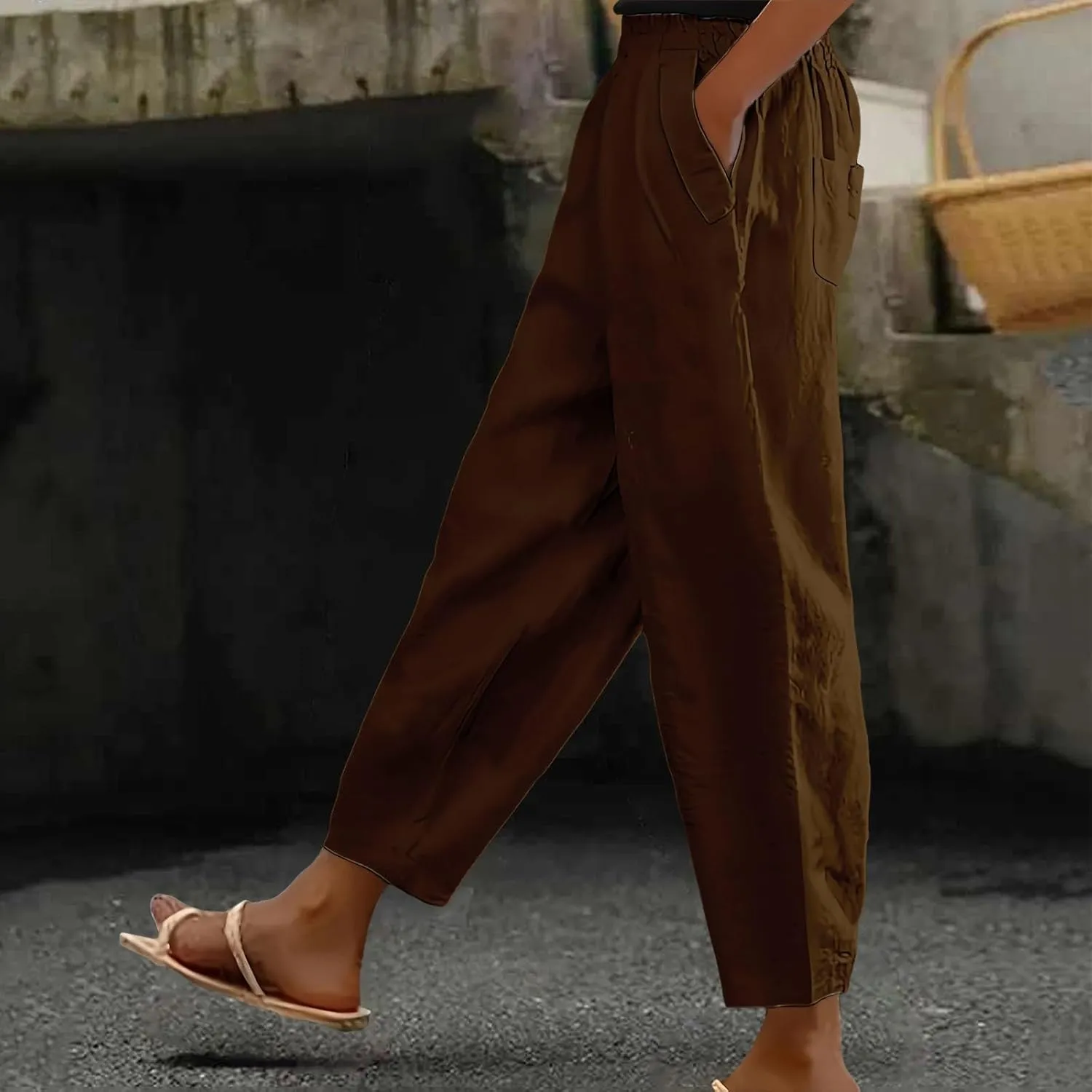 Women's Linen Boho Pants Loose Elastic Waist Wide Leg Lounge Harem Pants Summer Casual Beach Travel Vacation Trousers