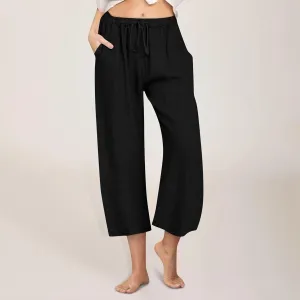 Womens Linen Capri Pants with Pockets Wide Leg Cropped Lounge Trousers Drawstring Elastic Waisted Summer Beach Pants 2025