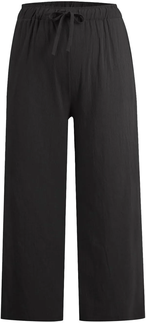 Womens Linen Capri Pants with Pockets Wide Leg Cropped Lounge Trousers Drawstring Elastic Waisted Summer Beach Pants 2025
