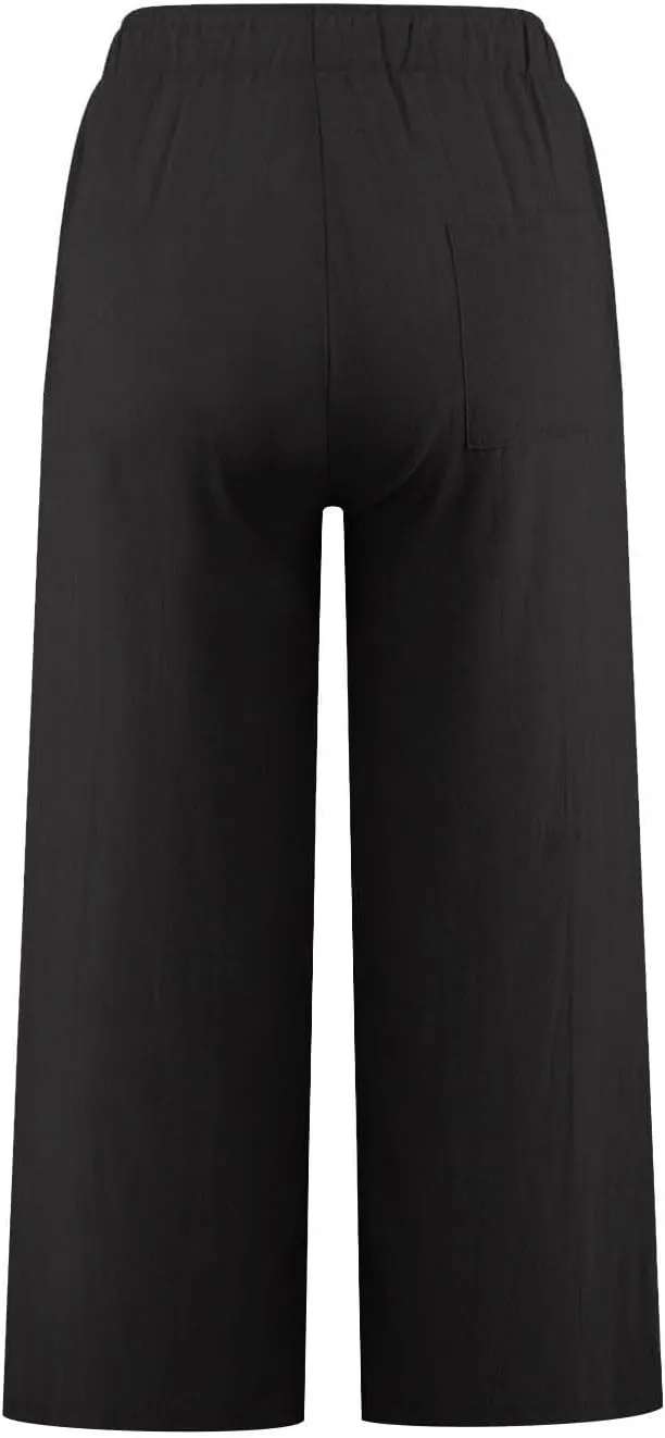 Womens Linen Capri Pants with Pockets Wide Leg Cropped Lounge Trousers Drawstring Elastic Waisted Summer Beach Pants 2025
