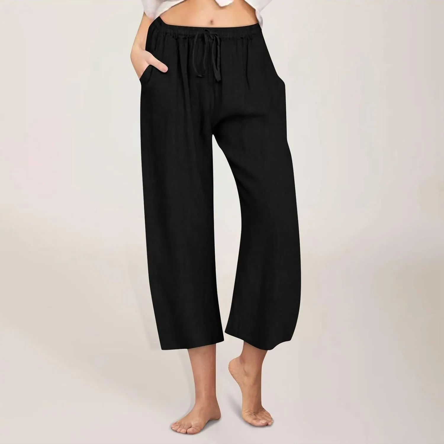Womens Linen Capri Pants with Pockets Wide Leg Cropped Lounge Trousers Drawstring Elastic Waisted Summer Beach Pants 2025