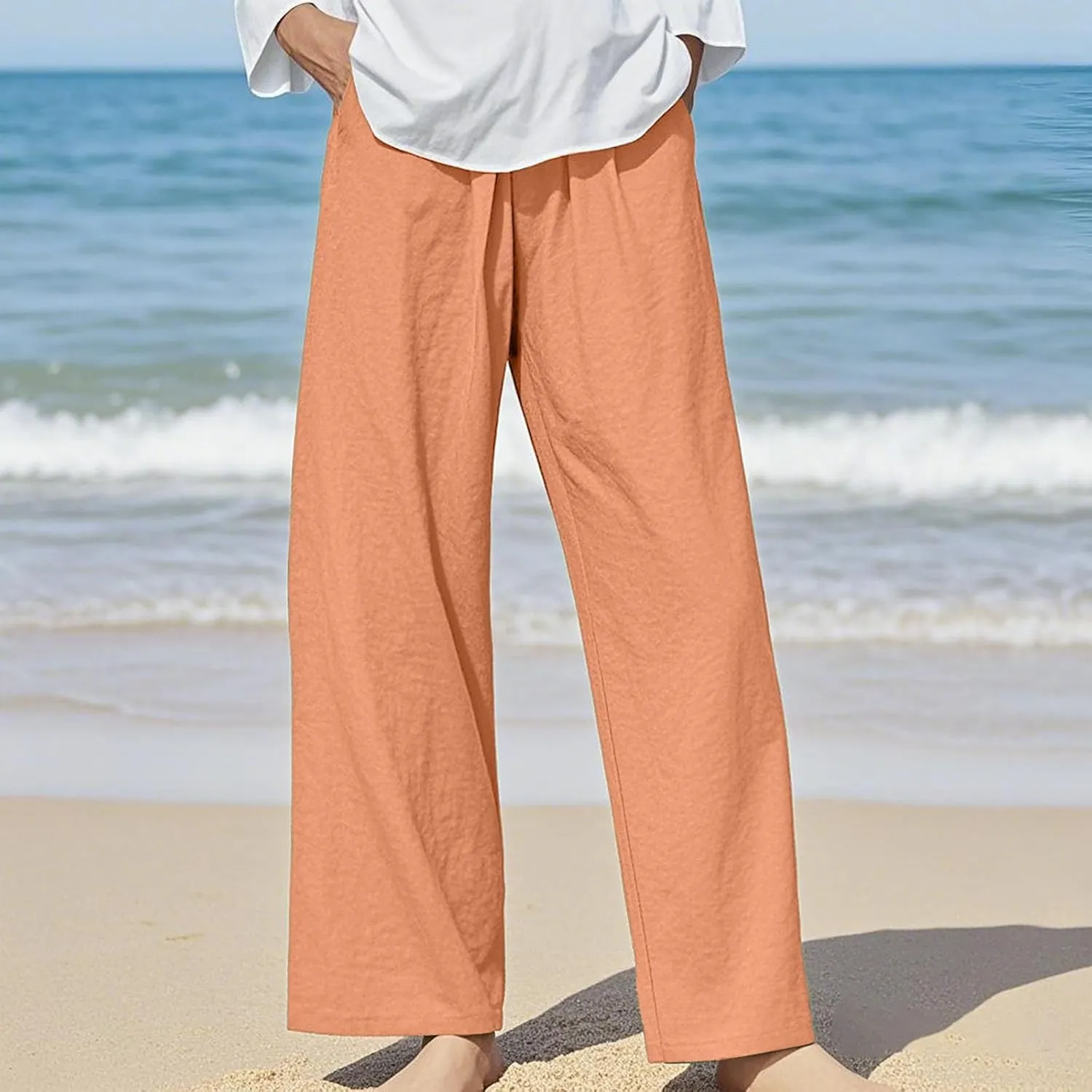Womens Linen Pants Waist Drawstring Straight Leg Trousers 2025 Summer Loose Fit Comfy Cool Hiking Pants with Pockets