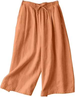 Womens Linen Pants Waist Drawstring Straight Leg Trousers 2025 Summer Loose Fit Comfy Cool Hiking Pants with Pockets